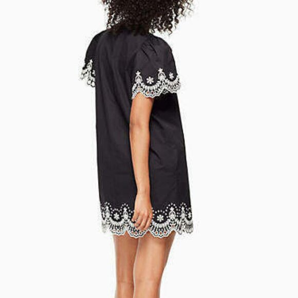 Kate Spade Mini Dress Small Black Short Sleeve Shift Cotton Floral Embroidered - Picture 7 of 12